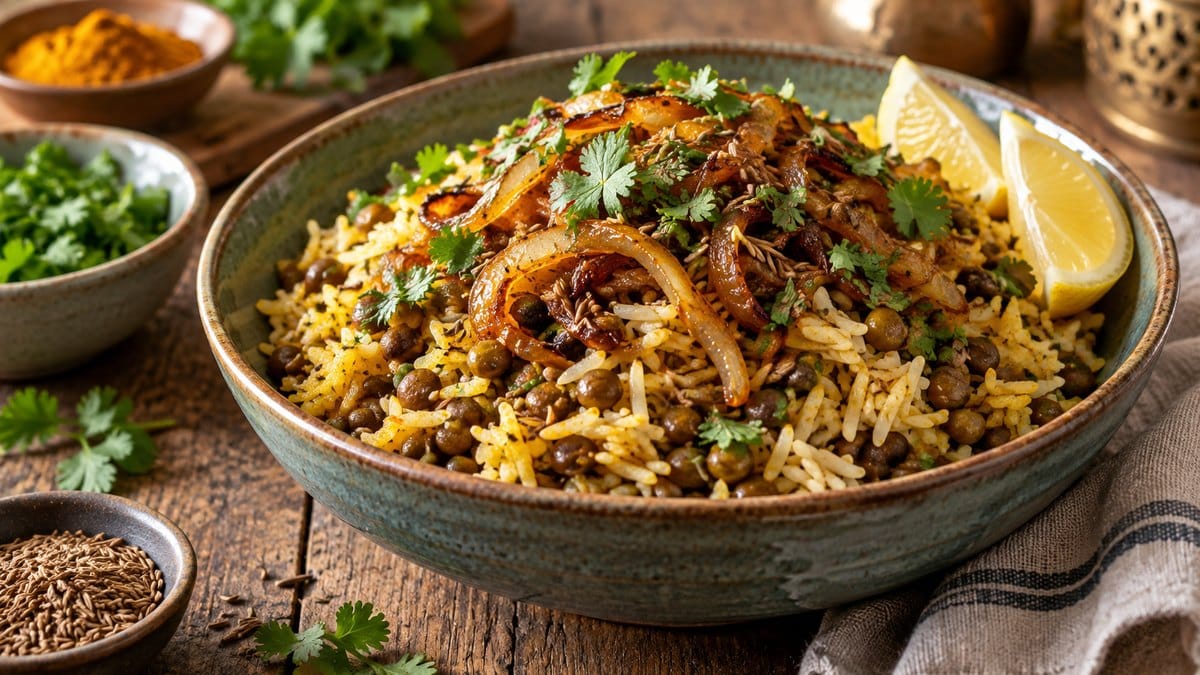 Photo culinaire illustrant : Riz et lentilles aux épices : la recette végétarienne complète et parfumée