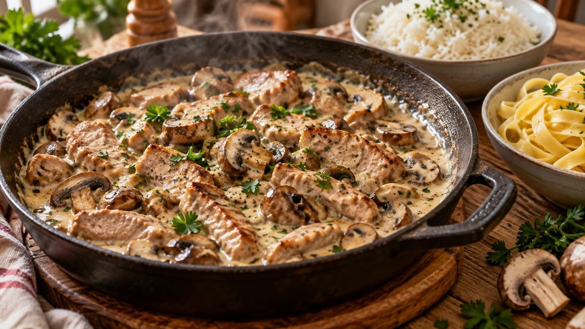 Photo culinaire illustrant : Émincé de porc à la crème : la recette gourmande et facile