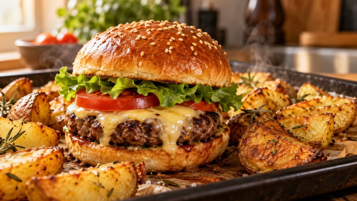 Photo culinaire illustrant : Burger au four : la recette maison simple et savoureuse