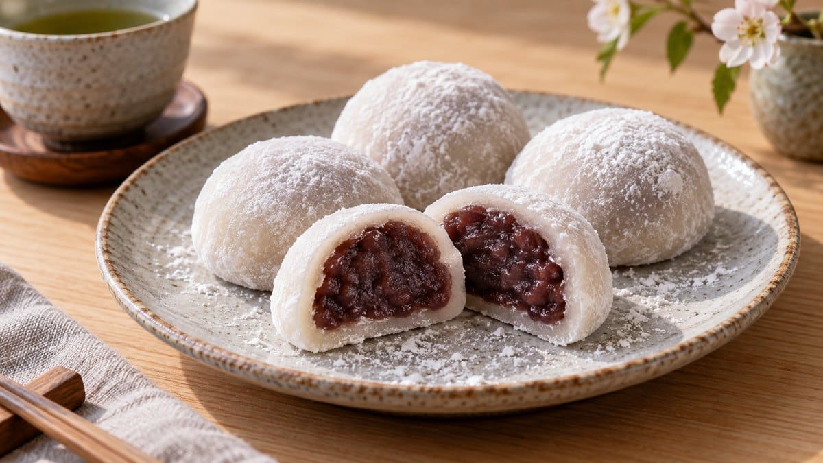 Photo culinaire illustrant : Mochis à la pâte de haricots rouges (daifuku) : la recette maison pas à pas