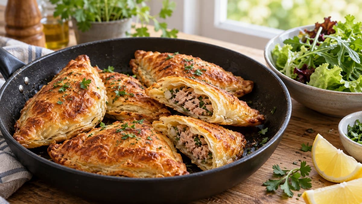 Photo culinaire illustrant : Cuisson de la pâte feuilletée à la poêle : chaussons au thon sans four