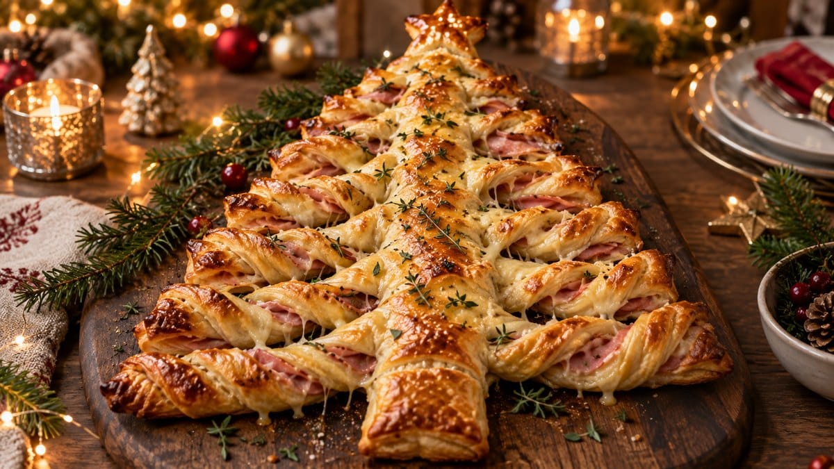 Photo culinaire illustrant : Sapin en pâte feuilletée jambon-fromage : la recette de Noël facile