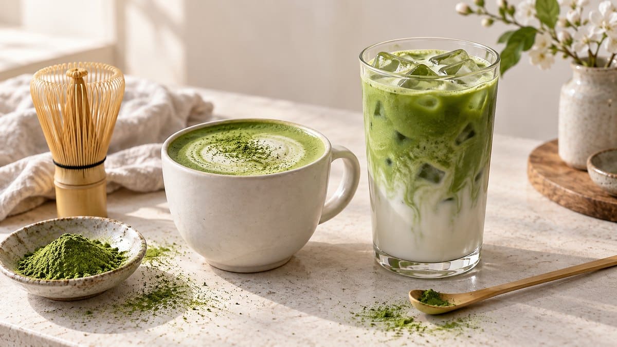 Photo culinaire illustrant : Matcha latte : la recette maison, chaude ou glacée, pour un vrai goût umami