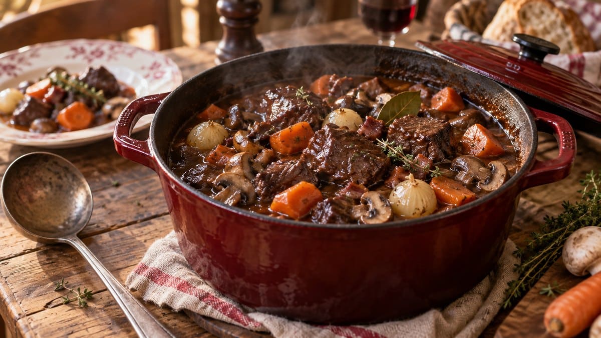 Photo culinaire illustrant : Bœuf bourguignon de grand-mère : la recette qui fond en bouche