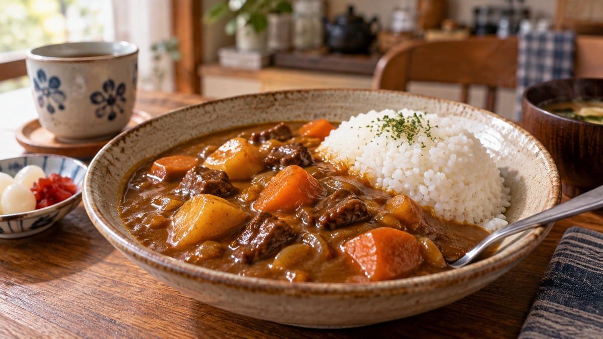 Photo culinaire illustrant : Riz au curry japonais : la recette réconfortante à faire à la poêle