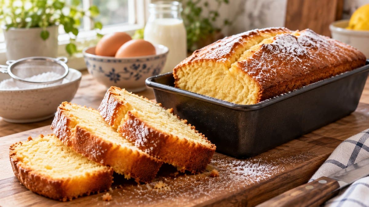 Photo culinaire illustrant : Cake nature sucré : la recette simple et moelleuse pour réussir à tous les coups