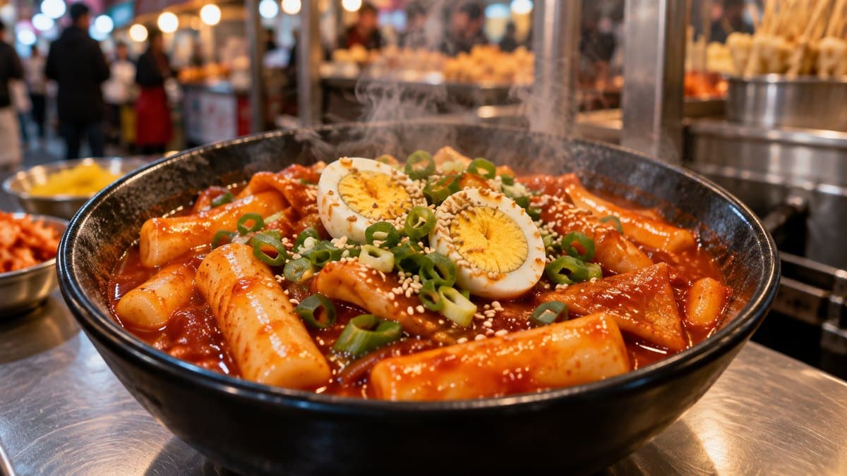 Photo culinaire illustrant : Tteokbokki maison : la recette du plat de rue coréen aux gâteaux de riz