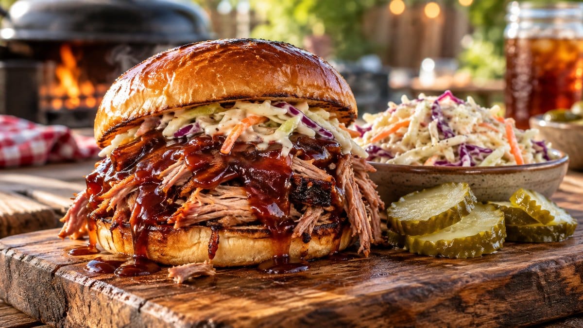 Photo culinaire illustrant : Pulled pork à l’américaine : la recette du porc effiloché maison