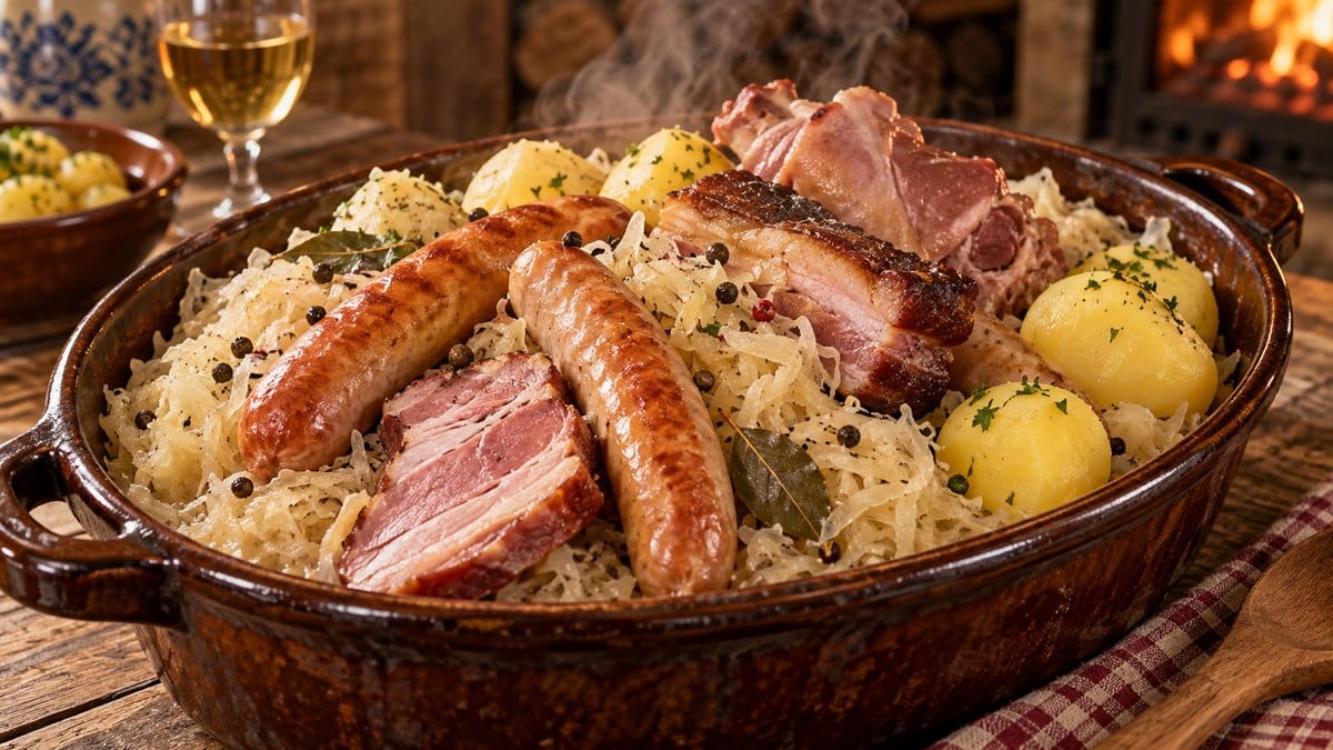 Photo culinaire illustrant : Choucroute de grand-mère : la vraie recette alsacienne, mijotée comme il faut