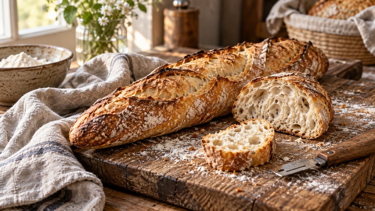 Photo culinaire illustrant : Pain maison rapide : la méthode simple pour une vraie baguette croustillante