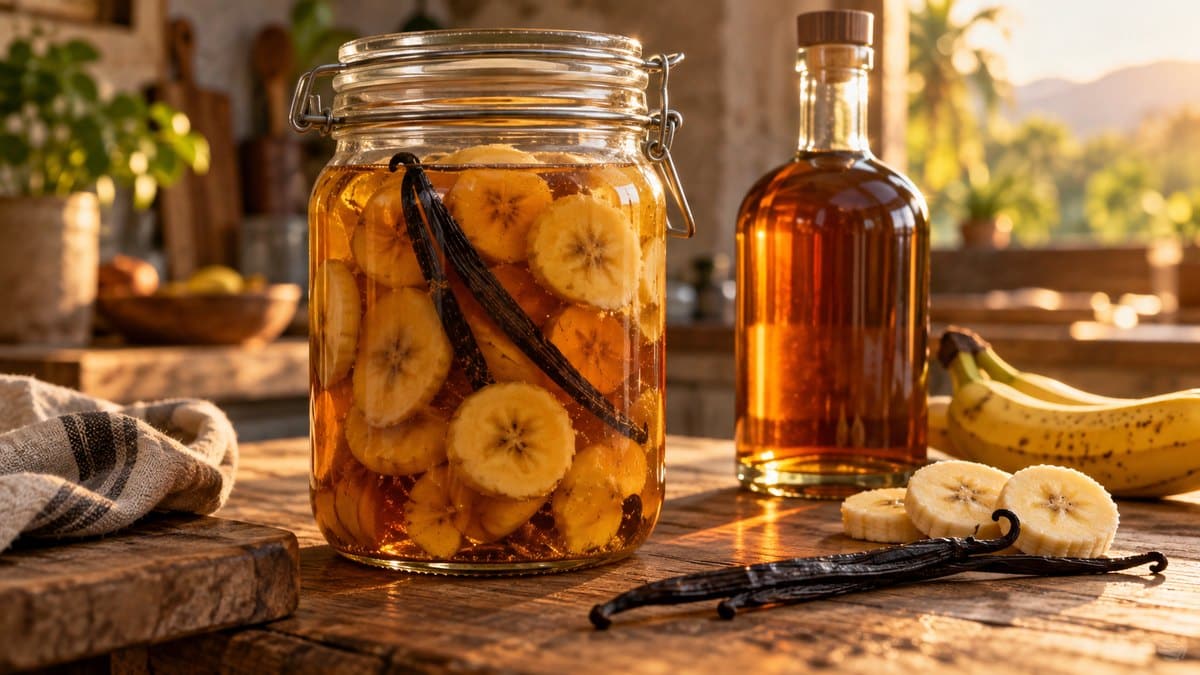 Photo culinaire illustrant : Rhum arrangé banane-vanille : la recette maison facile