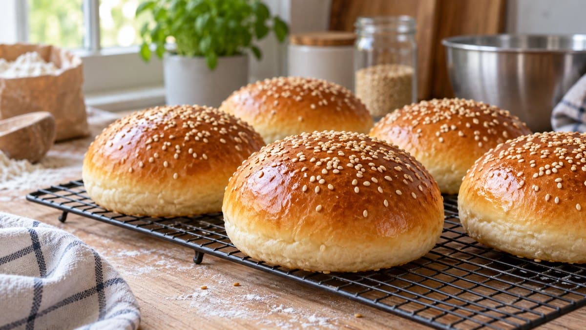 Photo culinaire illustrant : Pains à burger maison moelleux : la recette pour des buns parfaits