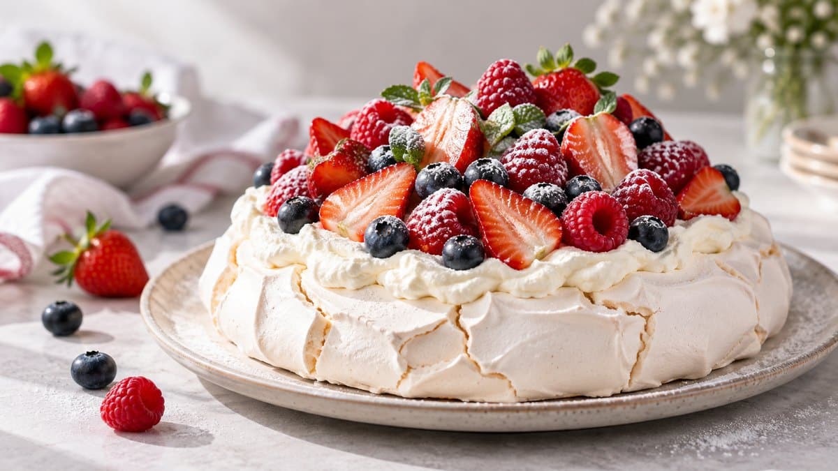 Photo culinaire illustrant : Pavlova aux fruits rouges : la recette du dessert meringué qui impressionne