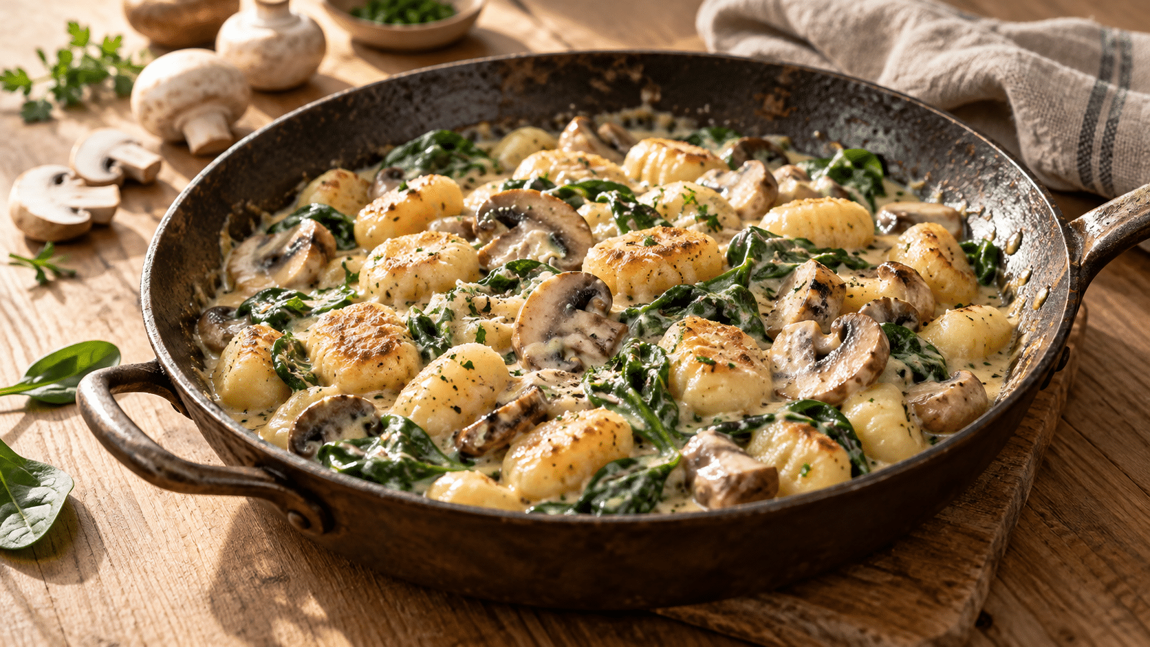 Gnocchis dorés, champignons et épinards : le dîner crémeux prêt en 23 minutes