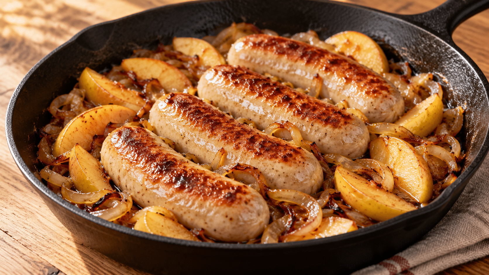 Boudins blancs dorés aux pommes et aux oignons
