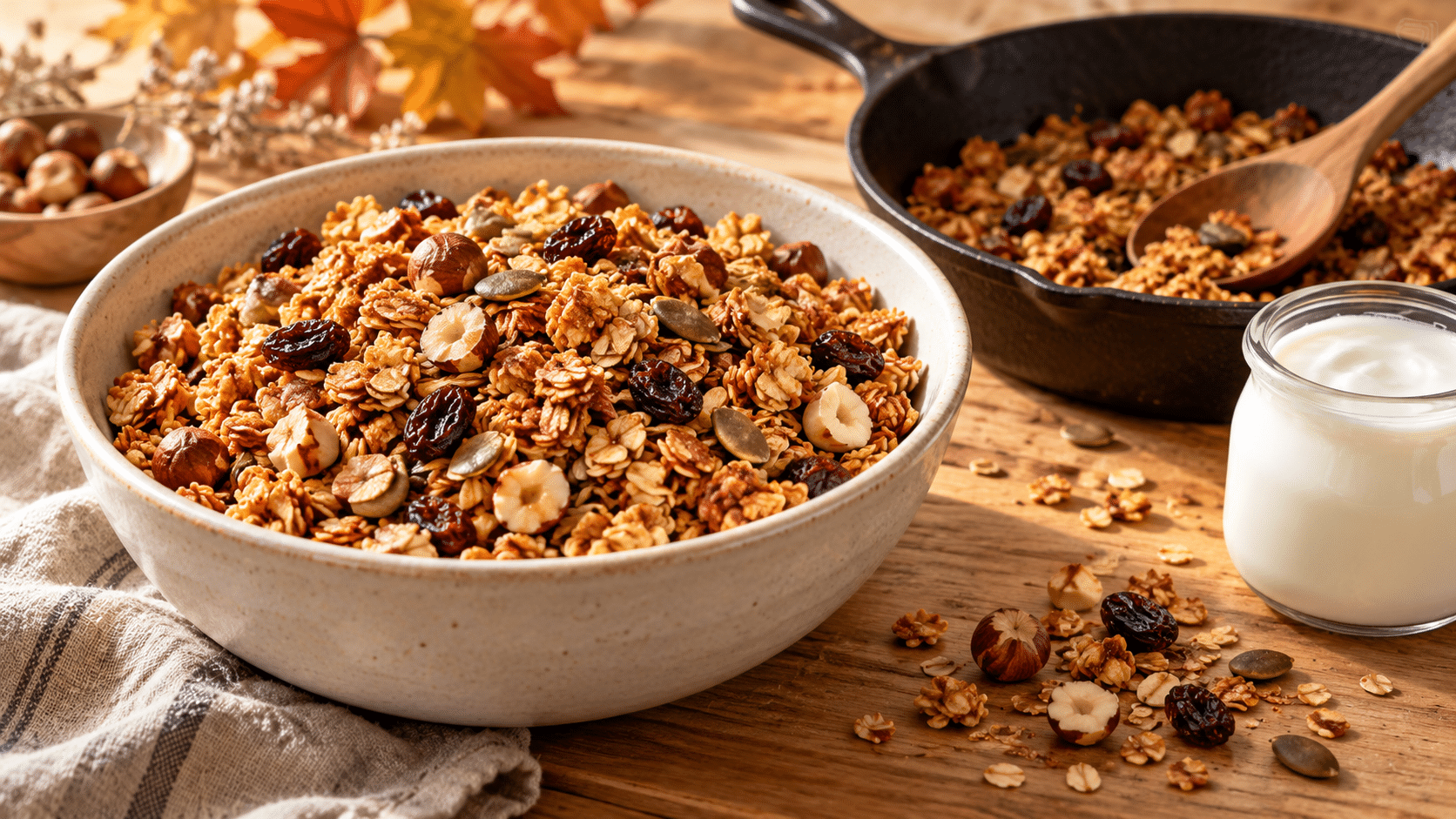 Granola à la poêle aux noisettes, graines de courge et raisins secs