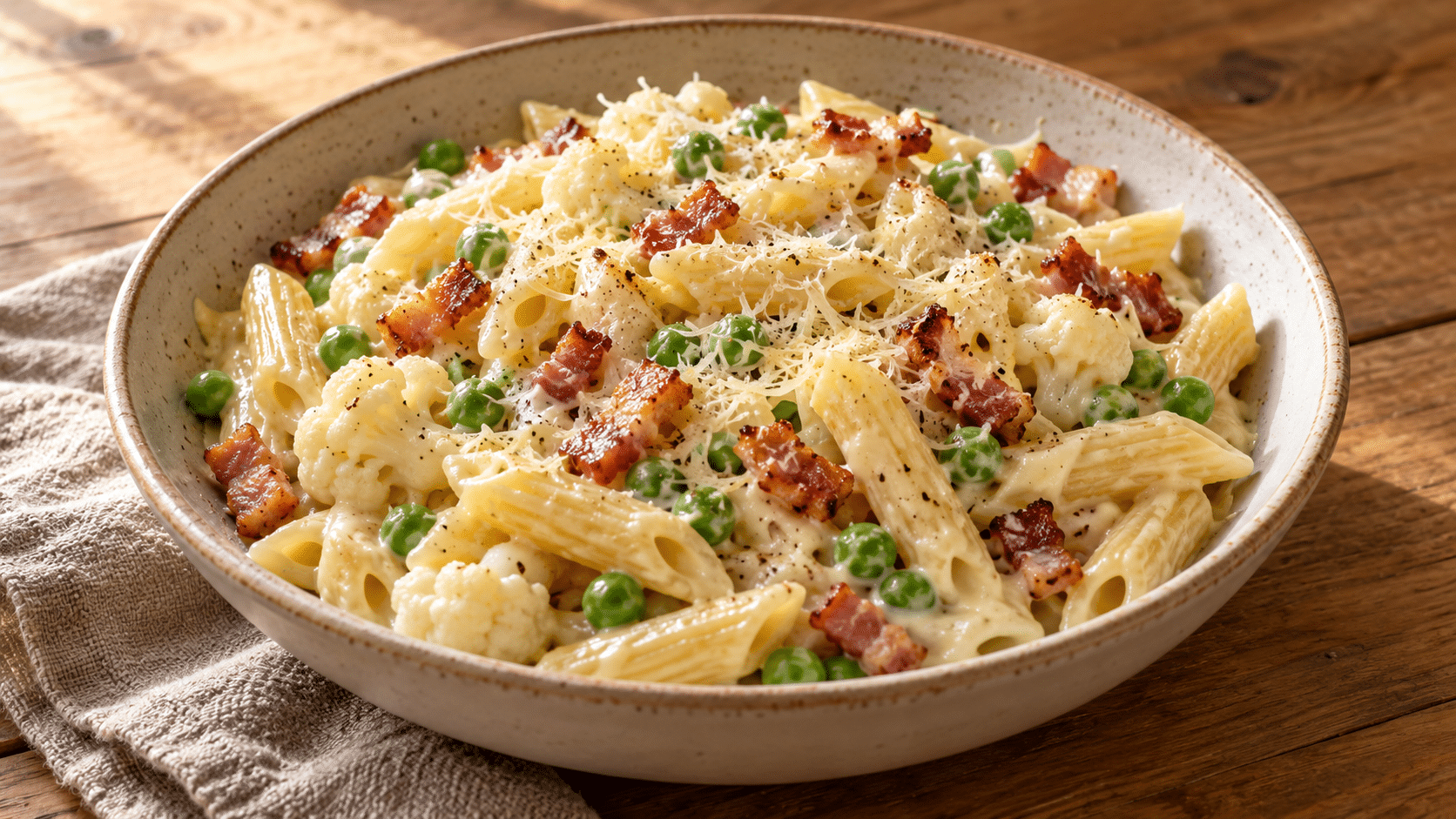 Penne à la sauce de chou-fleur avec lardons et petits pois