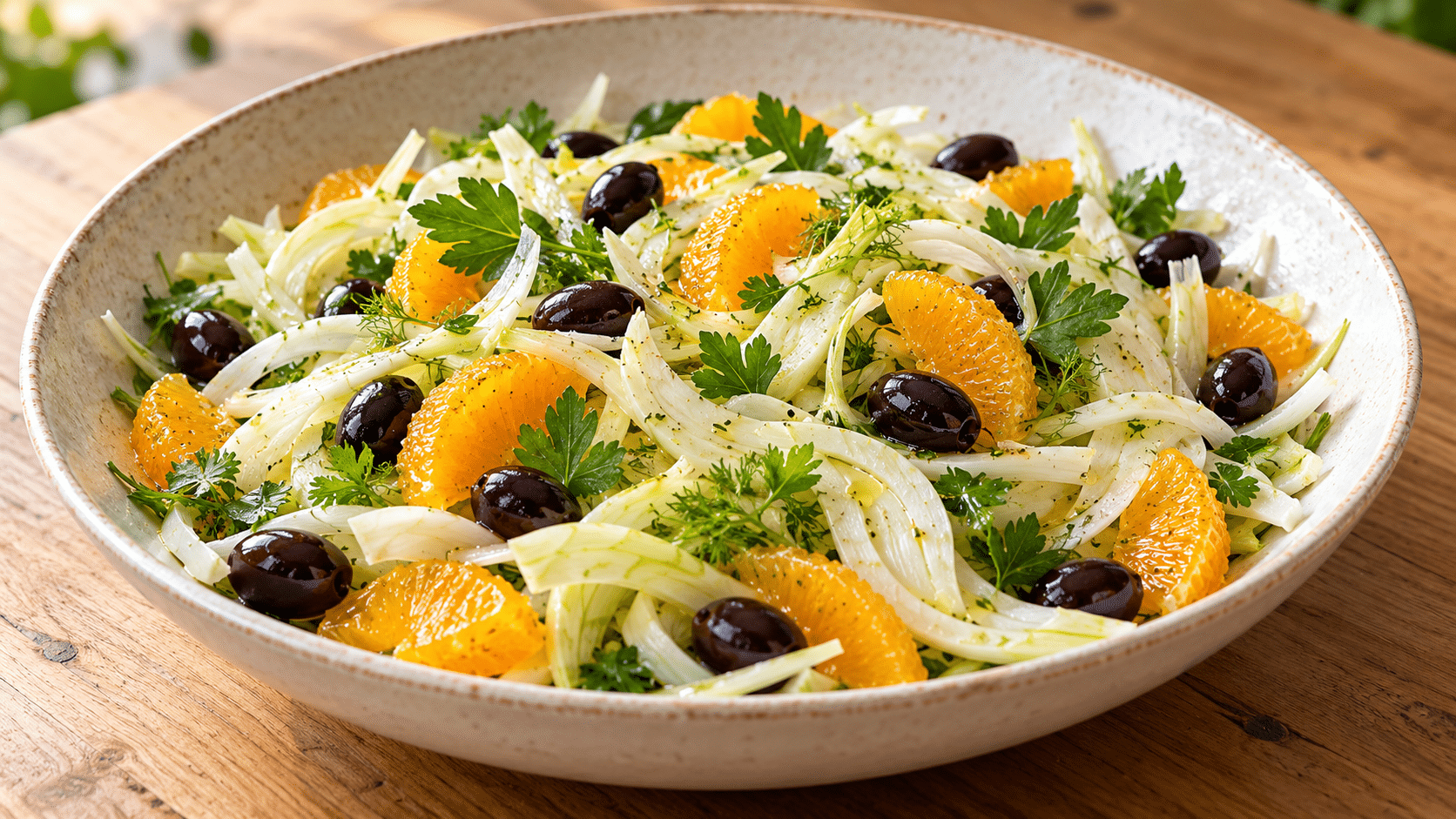 Salade de fenouil, orange et olives noires