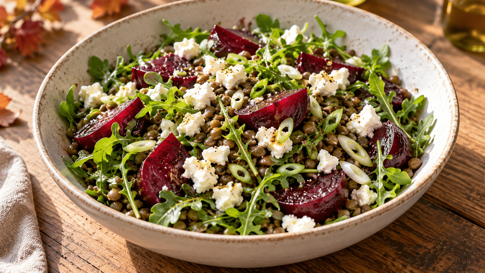 Salade de lentilles, betterave, roquette et feta