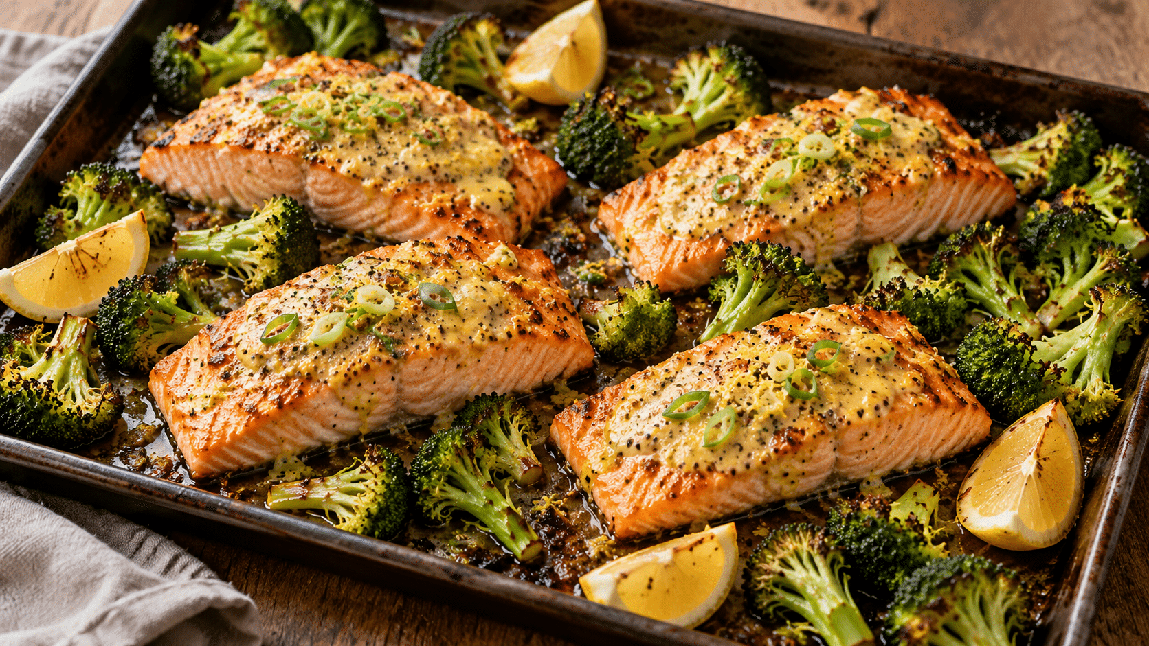 Saumon au brocoli avec sauce moutarde et citron sur une plaque
