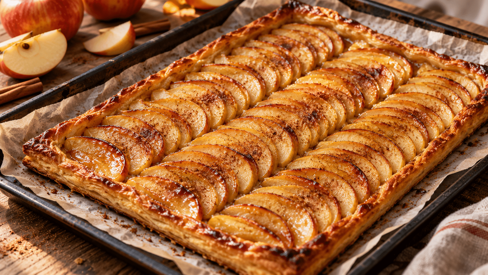 Tarte fine aux pommes dorée sur une pâte feuilletée